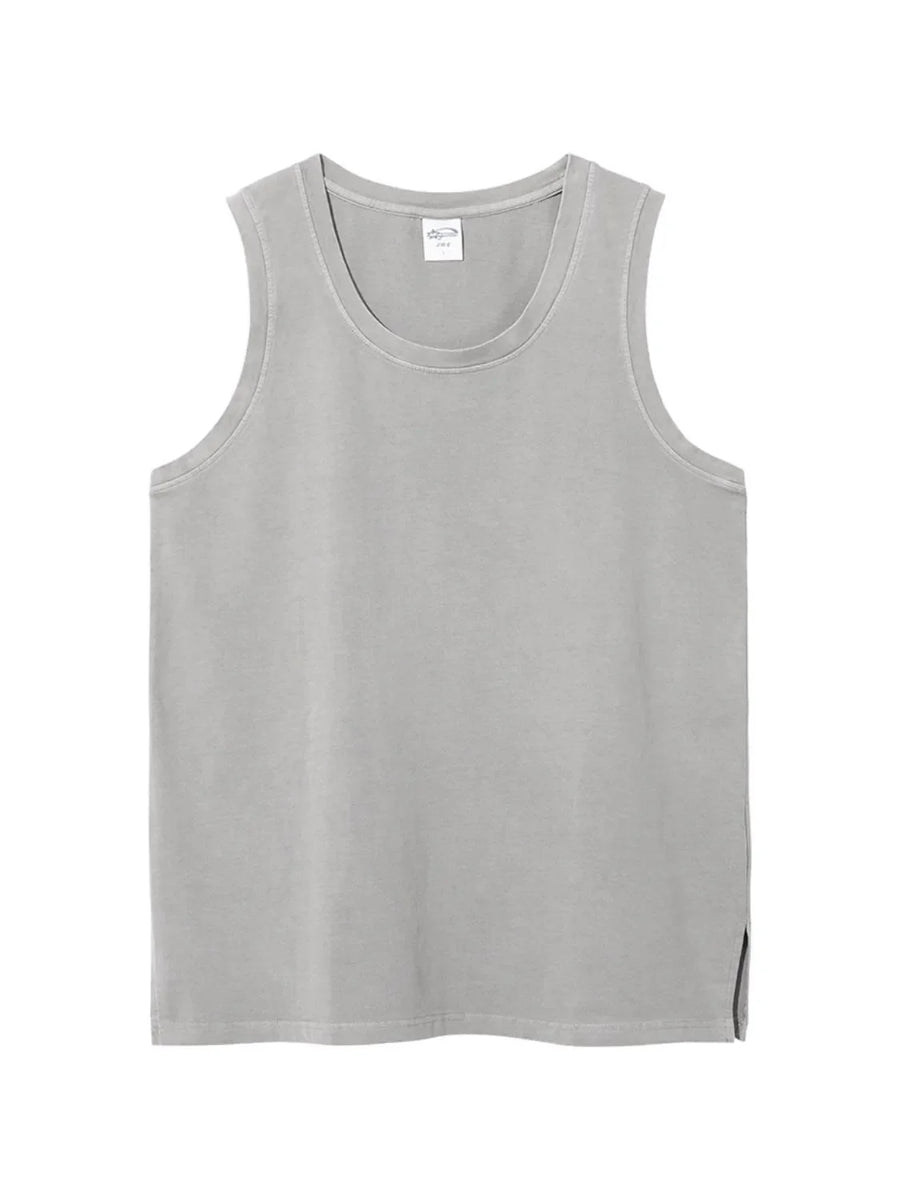 Gray relaxed fit tank top with scoop neck and side slits