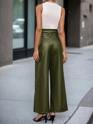 olive green wide-leg pants with full-length and zip-front