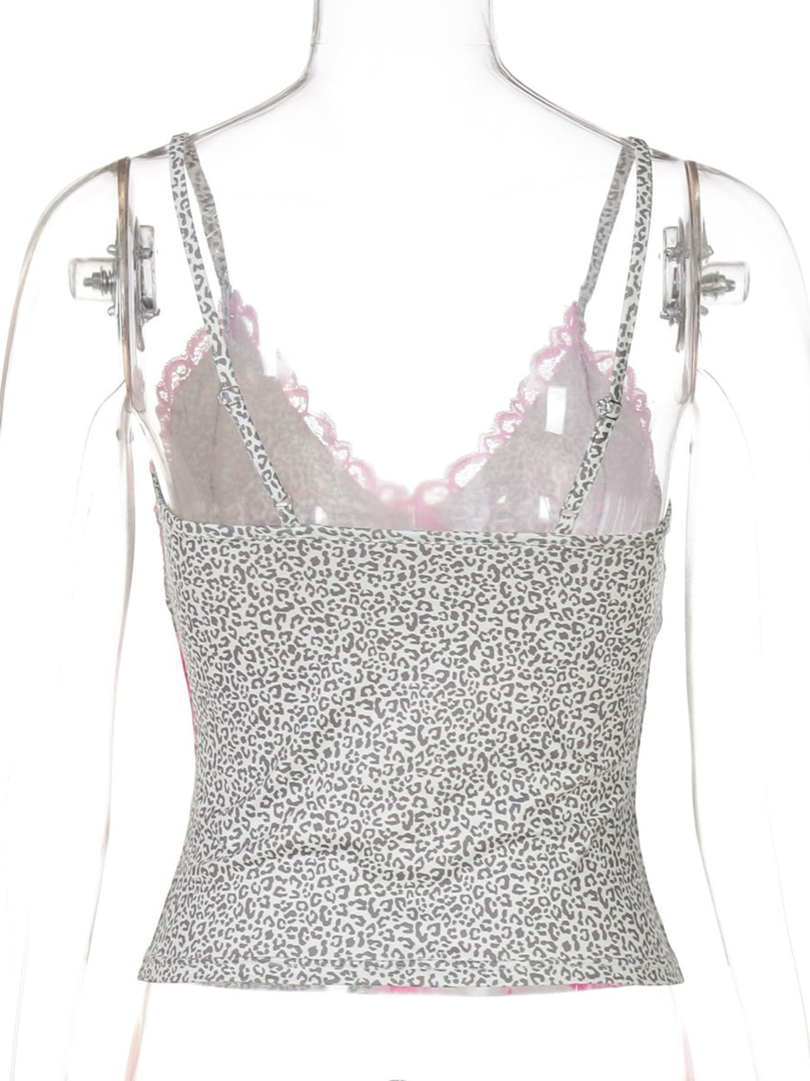 Leopard print camisole with lace trim and adjustable straps.