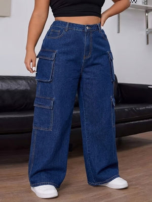 Plus Size High-Waisted Wide Leg Cargo Jeans in Peacock Blue with pocketed