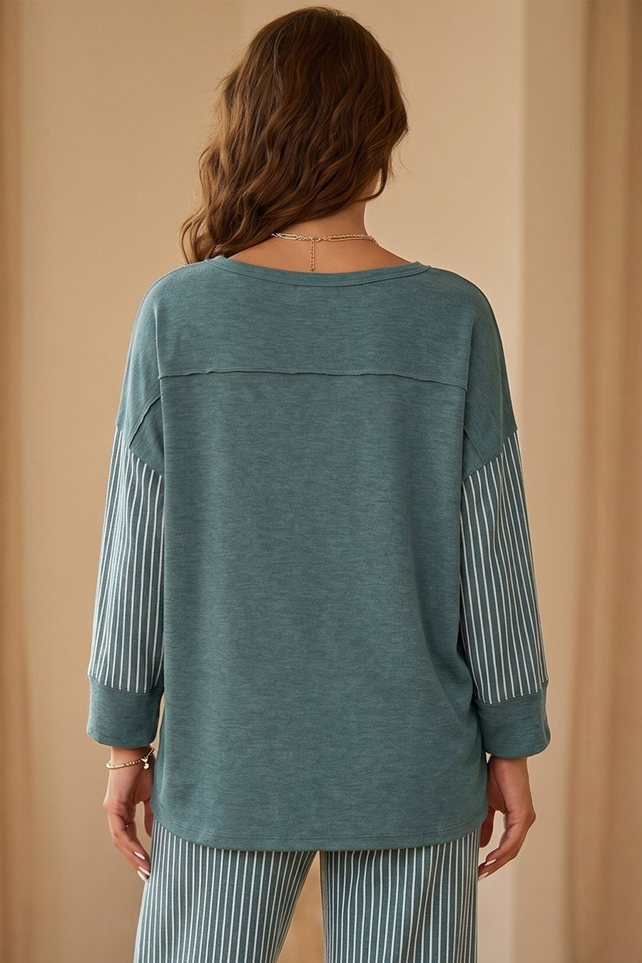 French Blue lounge set featuring drawstring waist and striped