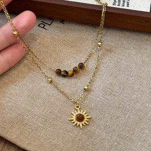 Tiger's Eye Copper Gold-plated Double Layered Necklace in Brown with layered