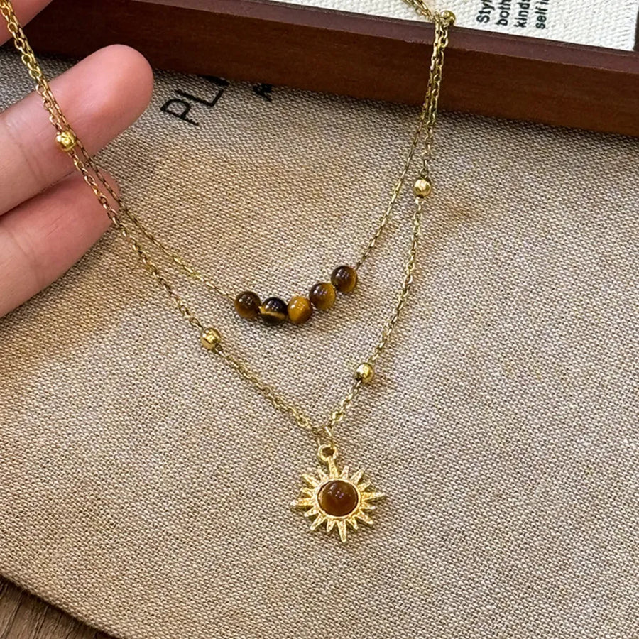 Tiger's Eye Copper Gold-plated Double Layered Necklace in Brown with layered