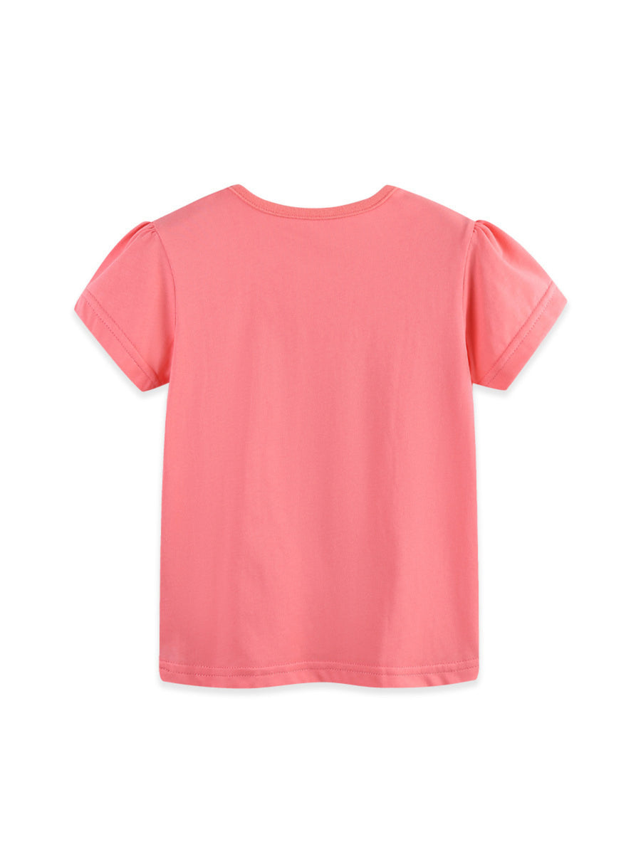Coral toddler t-shirt with puff sleeves and round neckline.