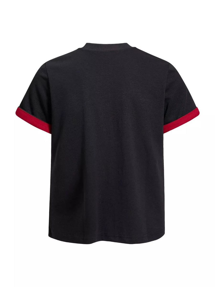 red t-shirt featuring graphic print and graphic print