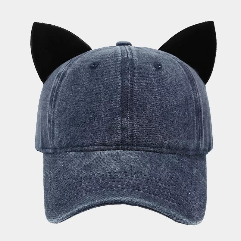 Washed Cat Ear Baseball Cap in Rose with cat ears