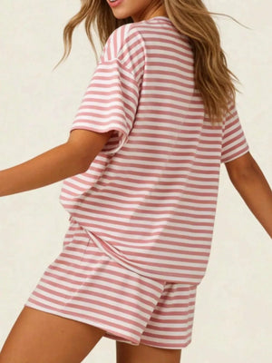 Pink and white striped loungewear set with a tee and drawstring shorts.