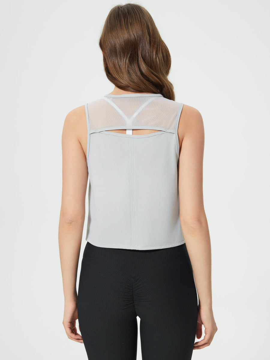 Light Gray mesh-inset back cropped active tank with a cutout detail.