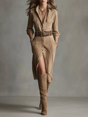 shirt dress in camel featuring buttoned and A-line fit