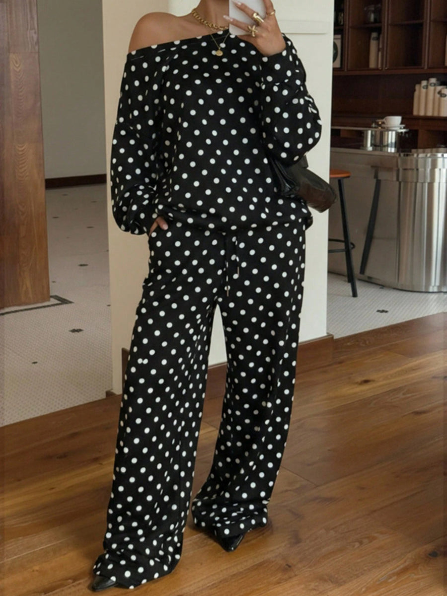 white pajama set with drawstring waist and long sleeve