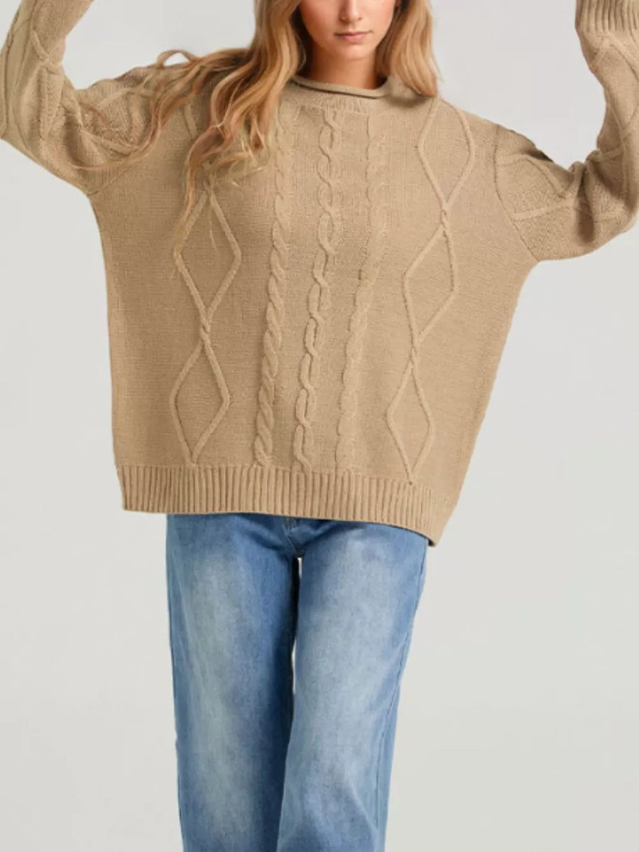 Cable Knit Ribbed Hem Sweater in Green with cable-knit