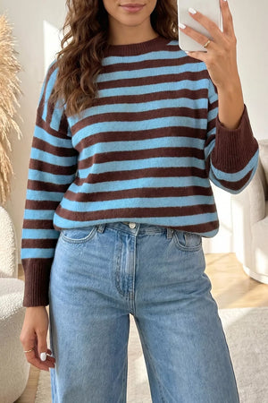 light blue pullover sweater with hip-length and pullover