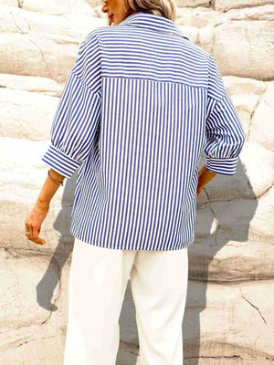 royal blue button-down shirt with hip-length and button-front