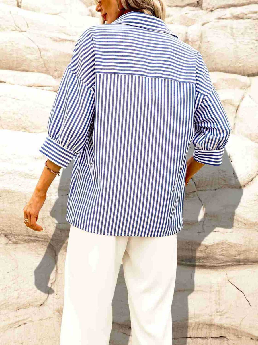 royal blue button-down shirt with hip-length and button-front