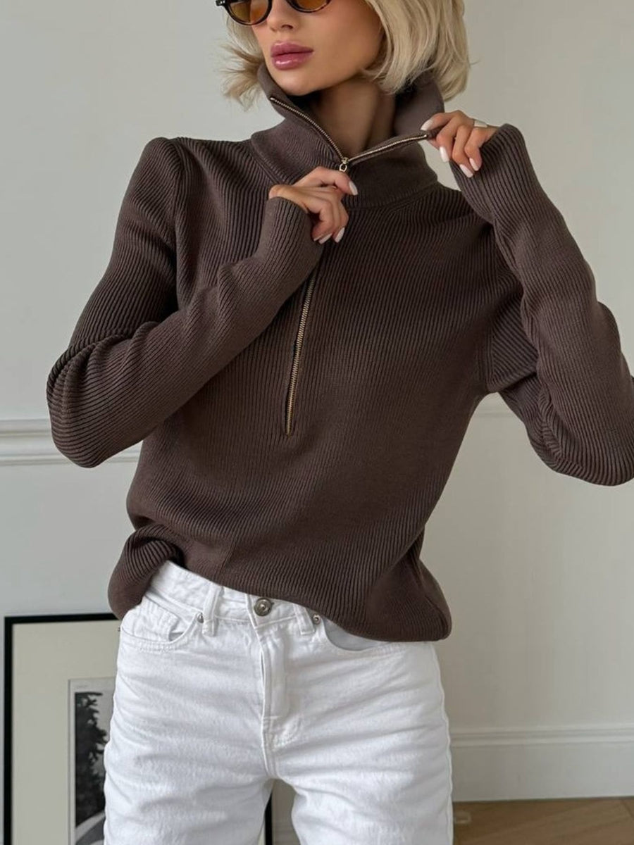 80% acrylic,20% polyester Care instructions: Machine wash cold zip-up sweater in Brown with relaxed silhouette
