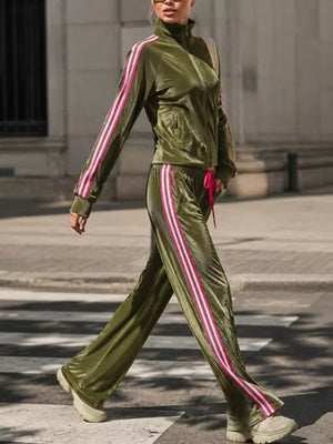 hot pink tracksuit featuring drawstring and striped