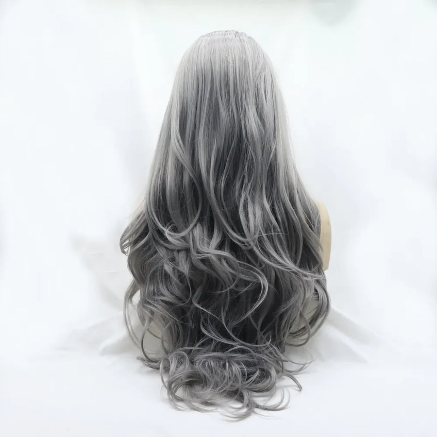 Smokey ombre grey lace front wig with long, wavy, layered hair.