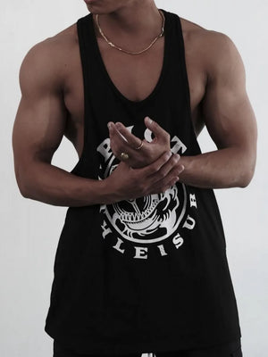 Black graphic muscle tank with racerback and bold circular logo detail.