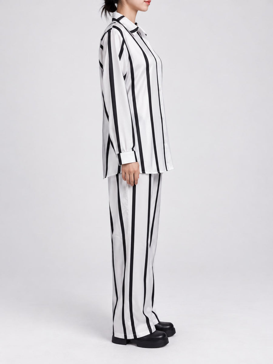 White two-piece set with button-front and striped