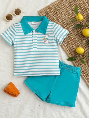 Childrens striped polo shirt with bunny graphic and turquoise shorts with elastic waistband