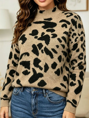 black mock neck sweater featuring stretch and leopard-print