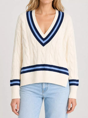 cream v-neck sweater with cable knit and v-neck