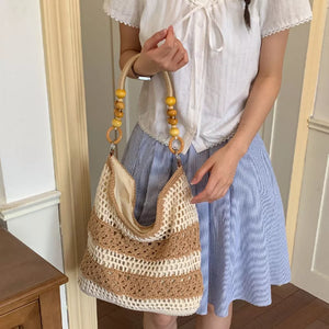 handbag in Caramel with striped and crochet knit