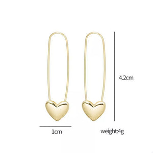 18k Gold-plated Heart Charm Safety Pin Earrings in gold with heart charm