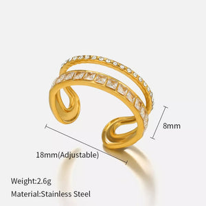 Opulent gold-plated open ring with clear rhinestones, 18k gold-plated, adjustable