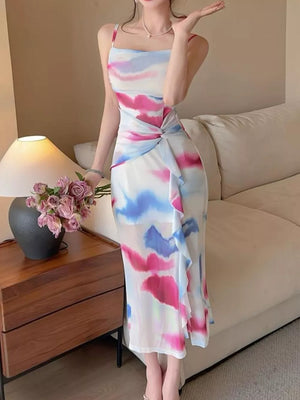 Abstract Watercolor Ruched Midi Dress in Blue