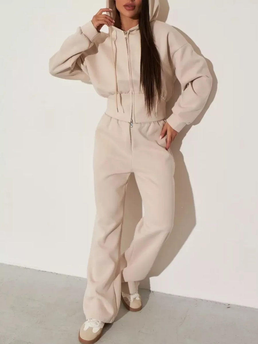Pink with Zip-up Hoodie And Wide-leg Pants Set