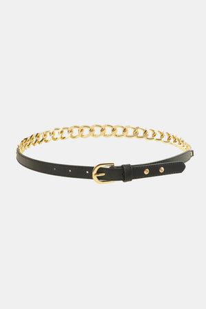 Black leather belt with gold chain accent and buckle