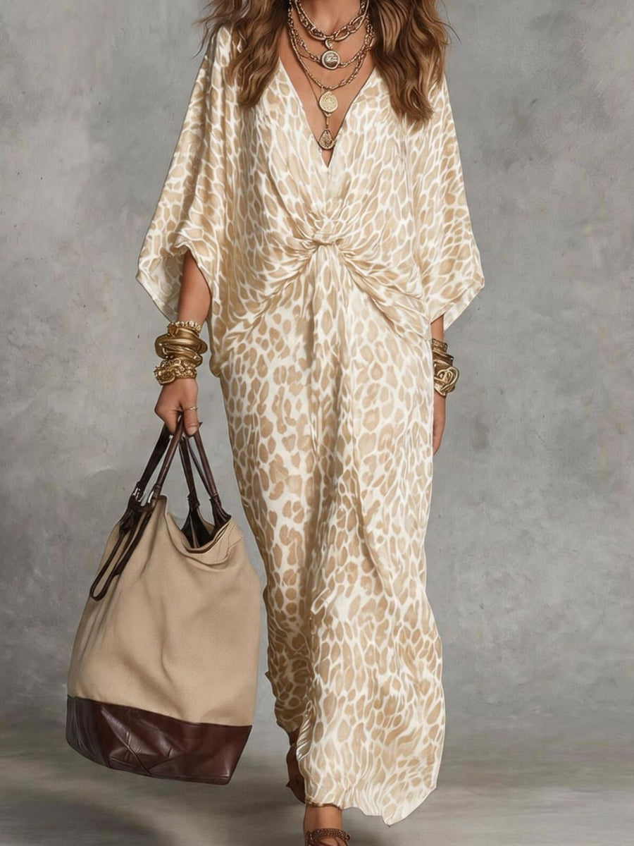 tan maxi dress featuring v-neck and leopard