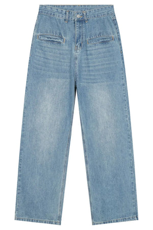 Light blue denim cargo pants with a relaxed fit and front flap pockets.