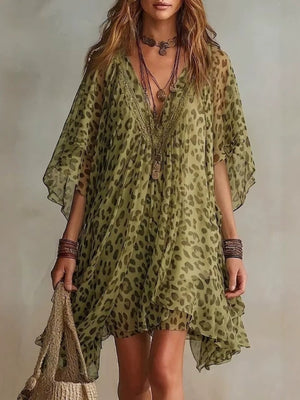 olive green mini dress with leopard-print and deep v-neck