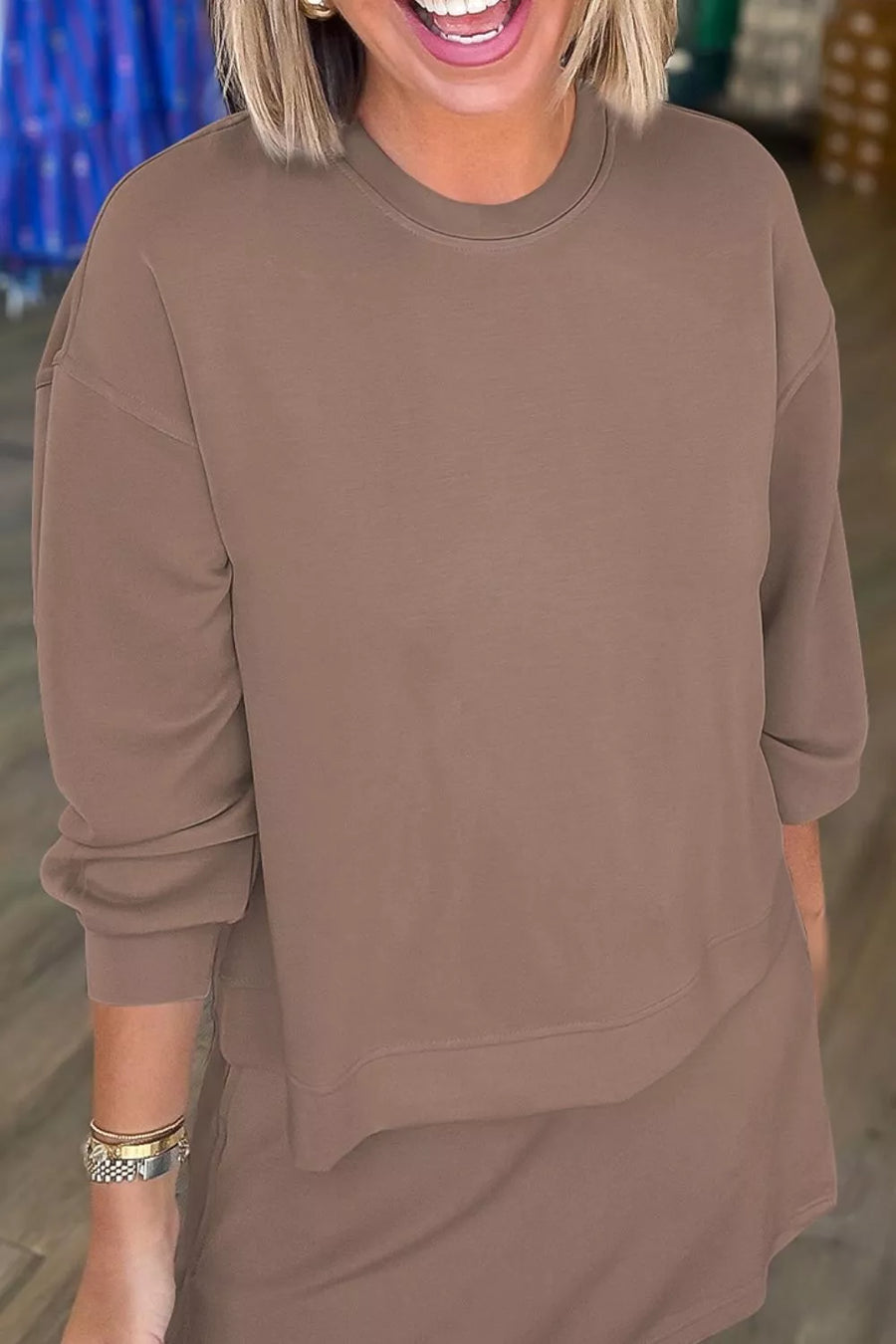 taupe lounge set with mini and pullover