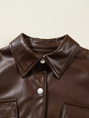 Double Flap Pocket Drawstring Hem Leather Jacket in Dark Brown with flap pockets