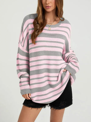 slate gray pullover sweater featuring ribbed and striped