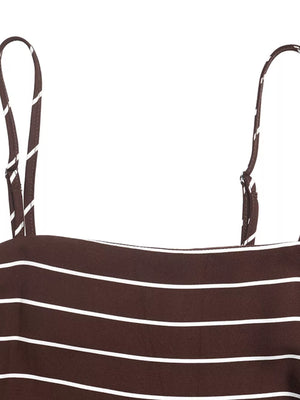 Brown striped maternity swim dress with adjustable spaghetti straps and smocked detail.