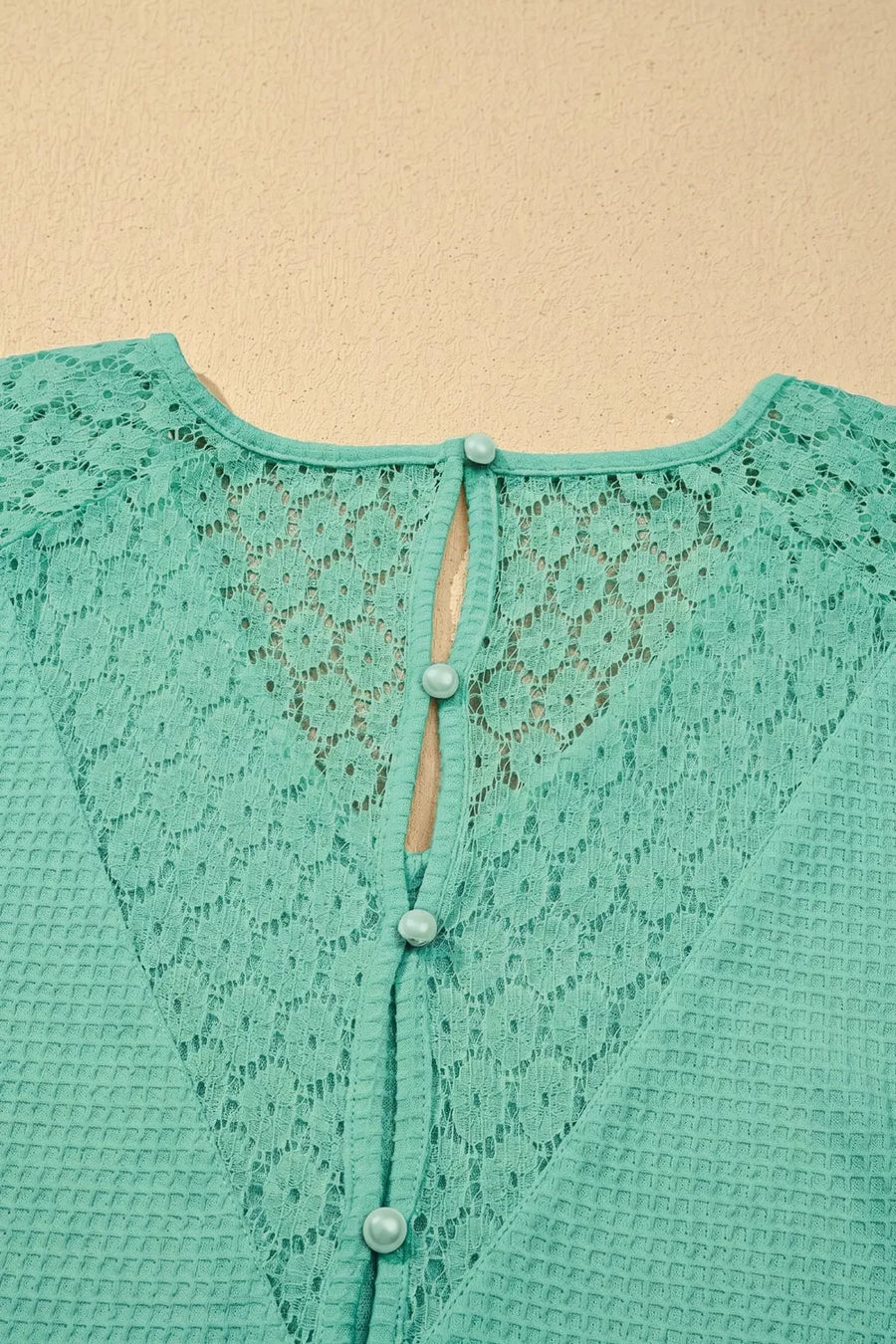 Teal waffle knit shirt with lace yoke and button detail