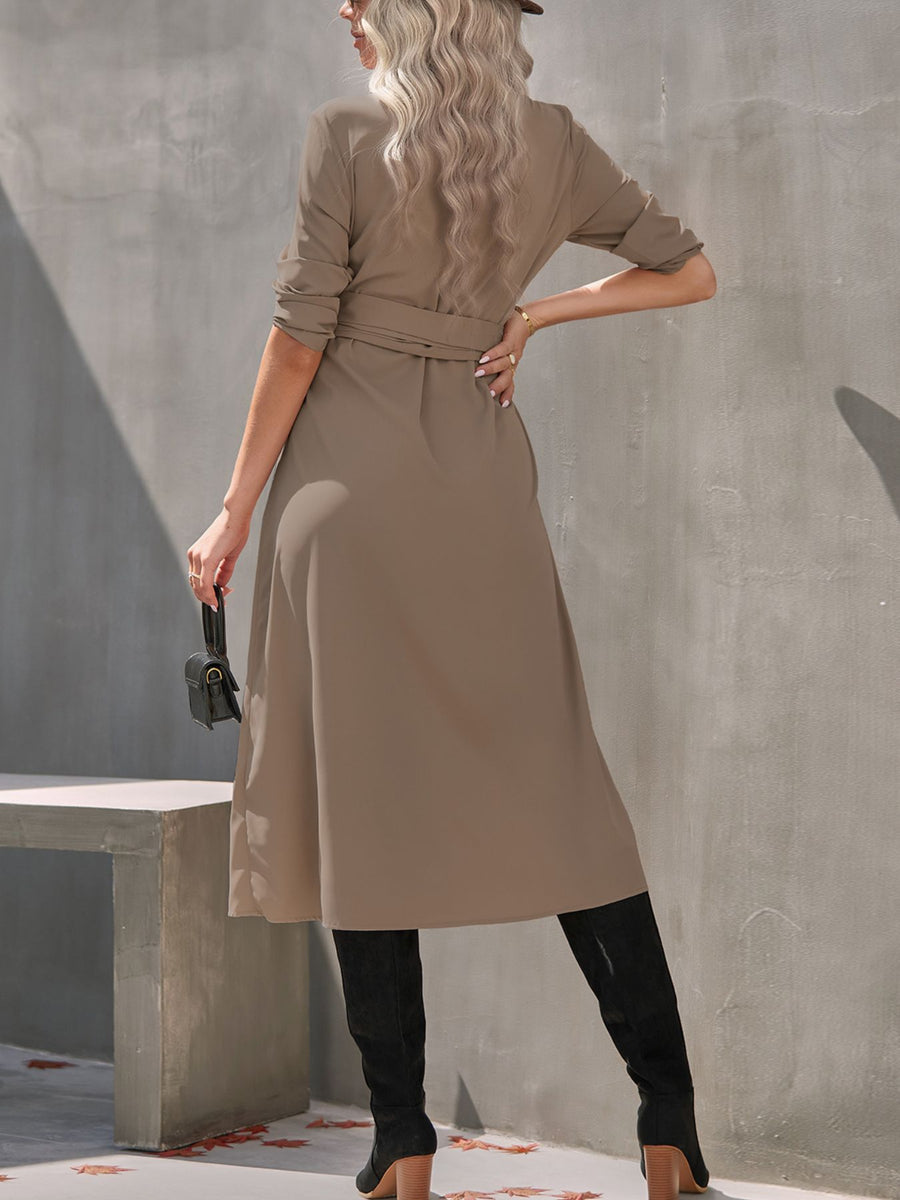 Taupe belted midi dress with long sleeves