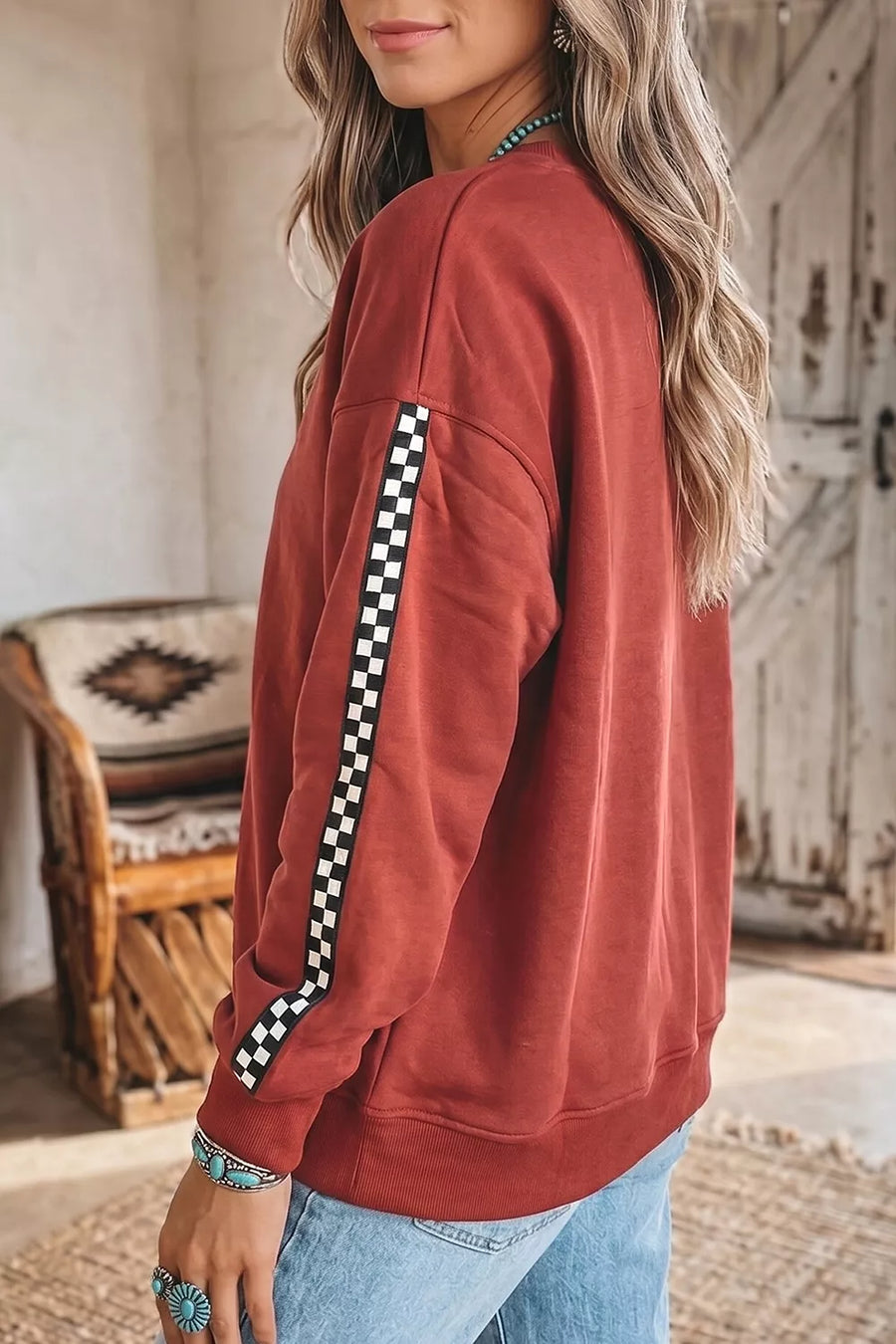 Rust with Checkered Trim Long Sleeve Round Neck Sweatshirt
