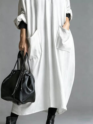 Loose-fit Mock Neck Midi Dress With Pockets in dark brown with oversized