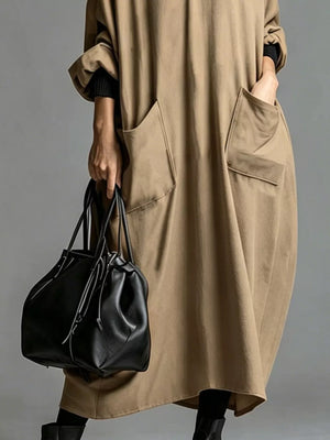 Loose-fit Mock Neck Midi Dress With Pockets in White