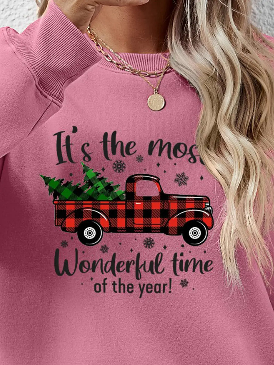 Blush Pink sweatshirt with buffalo plaid truck and Christmas tree graphic.