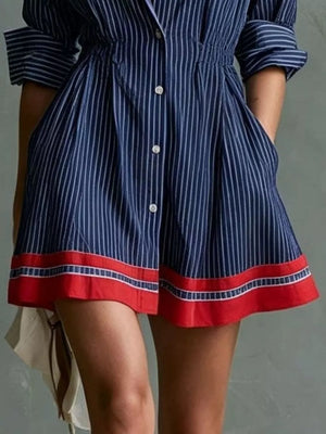 white shirt dress featuring buttoned and striped