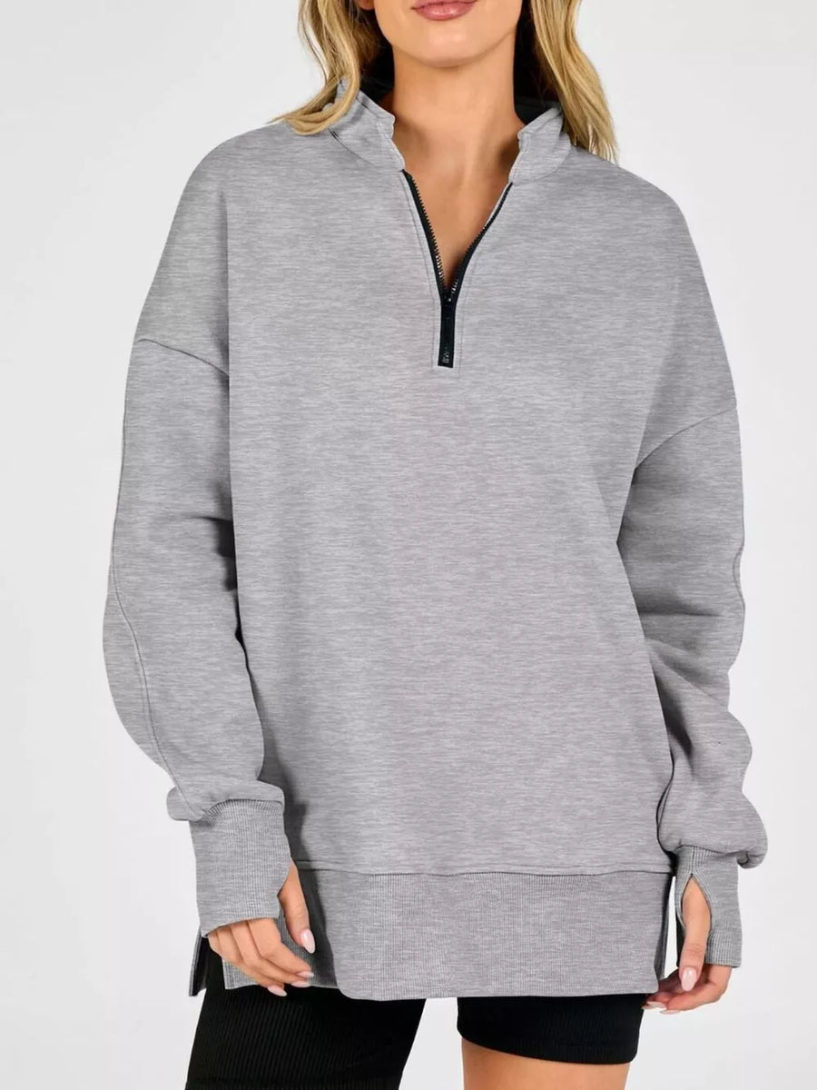 Oversized Long-sleeve Top in Light Gray with slit