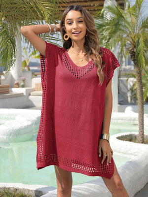 Burgundy perforated knit beach cover-up with V-neck and short sleeves.