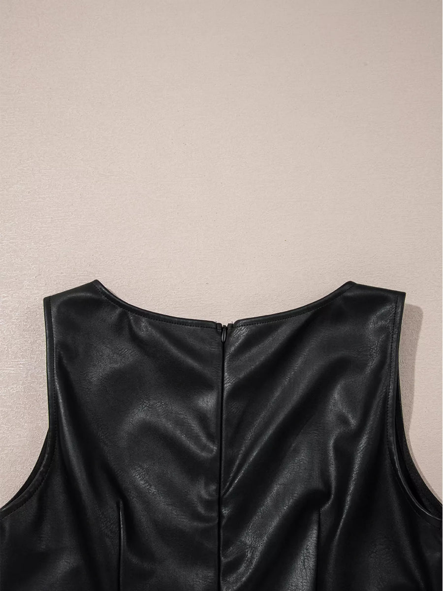 Black vegan leather sleeveless mini dress with a back zipper detail.