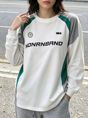ivory sweatshirt with color-block and crew neck